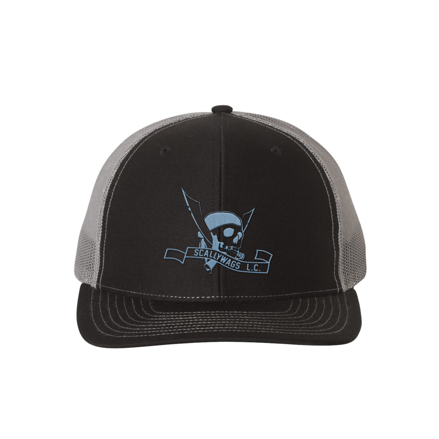 Scallywags Skull - Snapback Trucker Cap Black (blue thread)